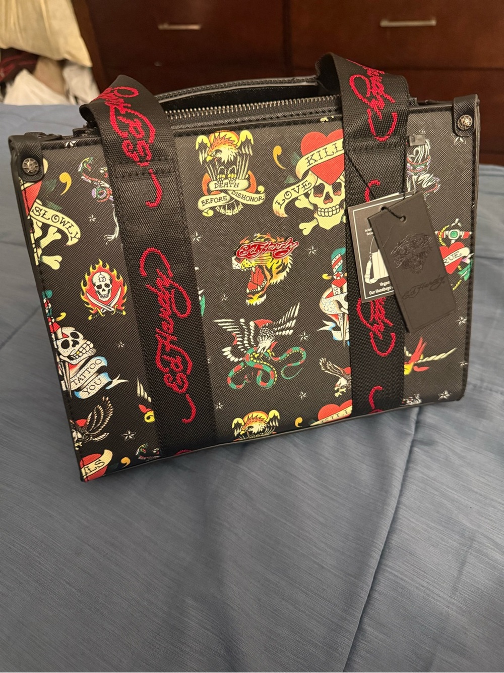 Ed Hardy Black Tattoo-Print Canvas 
Tote with crossbody